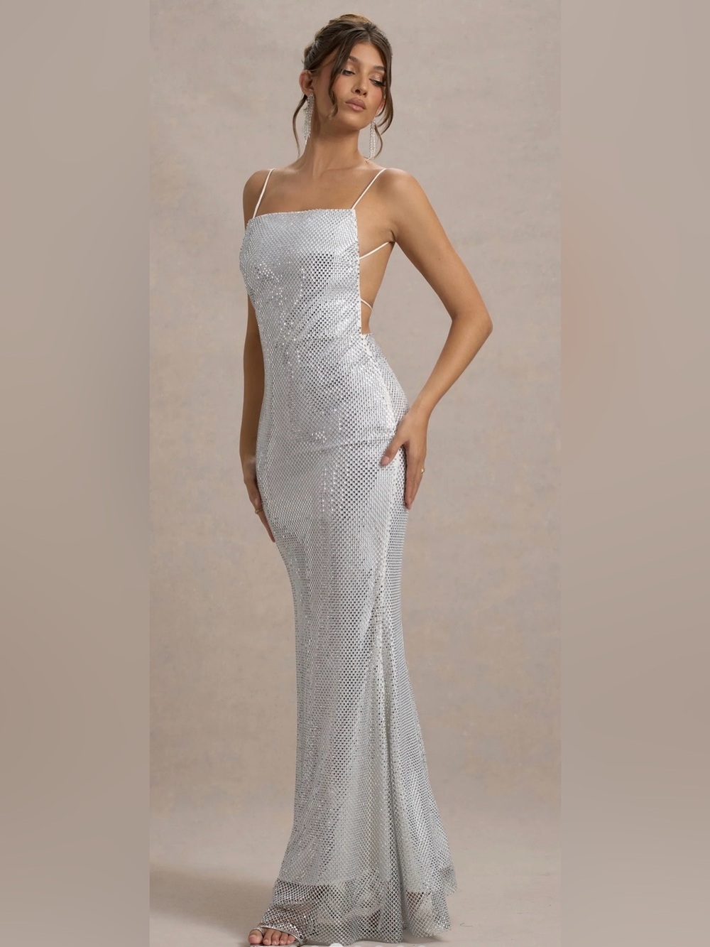 Club London Silver Hotfix Square-Neck Open-Back Maxi Dress